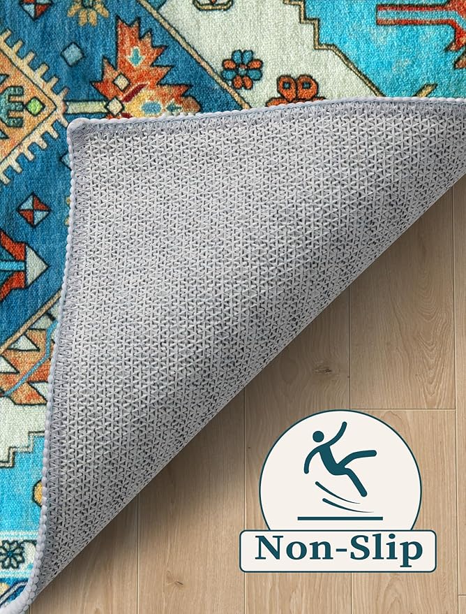 SERISSA Runner Rug for Hallways, 2'6"x12' Washable Non Slip Kitchen Runner Rug, Extra Long Boho Rug Ultra Soft Vintage Blue Print Floor Carpet for Bedroom Hallway Entryway Bathroom Laundry Room