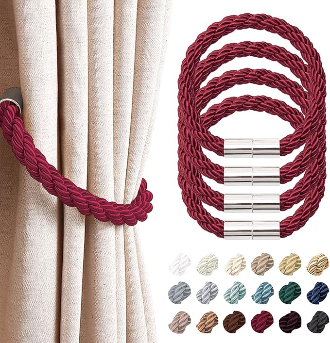 NICEEC 4 Pack Strong Magnetic Curtain Tiebacks Modern Simple Style Drape Tie Backs Convenient Decorative Weave Rope Curtain Holdbacks for Thin or Thick Home & Office Window Draperies (Wine Red)