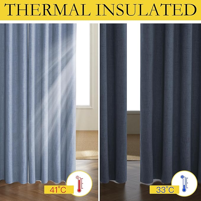 NICETOWN Stone Blue Vintage Linen 100% Blackout Curtains for Living Room, Thermal Insulated Curtains 90" Long, Noise Reducing Window Treatment Drapes for Home Office, 62" Wide Per Panel, Set of 2