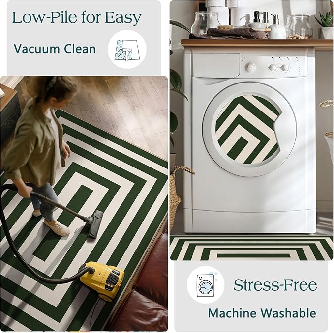 3x5 Modern Entry Rug - Small Washable Indoor Outdoor Mats for Front Door Non-Slip Porch Rug Green White Geometric Striped Throw Rugs for Living Room Bedroom Entryway Kitchen Office Porch Decor