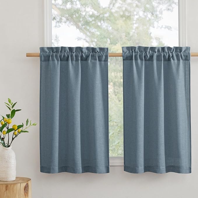 RYB HOME Cafe Curtains 24 inches Length, Linen Sheer Short Curtains for Small Window, Half Privacy Light Filetring Window Tier Valance for Kitchen Bathroom, W 26 x L 24, Stone Blue, 2 Panels Set