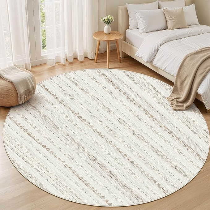 Nakagishi Round Rug Boho Area Rugs: 5x5 Washable Large Circle Neutral Soft Stain Resistant Non-Slip Carpet for Women Aged 25-45 Farmhouse Decor Enthusiasts - Living Room Bedroom Dining Room Nursery