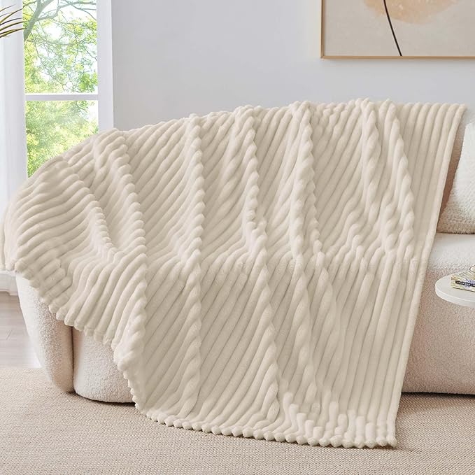 BEDELITE Fleece Throw Blanket for Couch - 300GSM Soft & Warm Fluffy Beige Blanket, Decorative and Giftable Striped Blankets for Women, Men, 50"x60"