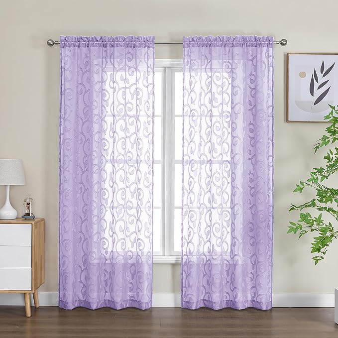 OWENIE Furman Sheer Curtains 72 inches Long for Bedroom Living Room 2 Panels Set, Clip Jacquard Light Purple Semi Sheer Curtains with Design, Light Filtering Rod Pocket Curtain, 40Wx72L inch