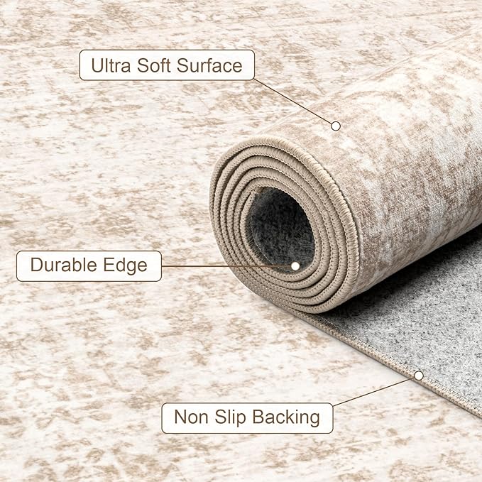 3x5 Area Rugs Living Room Rug: Washable Vintage Boho Rug No Slip Stain Resistant Soft Carpet Indoor Floor Floral Large Carpets for Bedroom Dining Room Farmhouse Nursery Home Office Beige