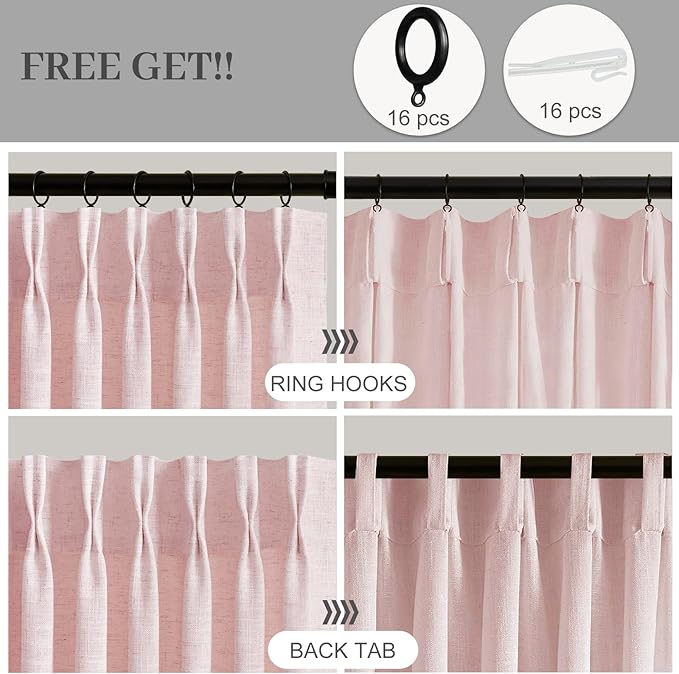 IVAPUPU Light Pink Pinch Pleated Curtains 90 Inch for Living Room, Semi Sheer Pleated Curtain with Rings Light Filtering Privacy Back Tab Window Drapes for Girls Bedroom Dining Room, 40x90, 2 Panels