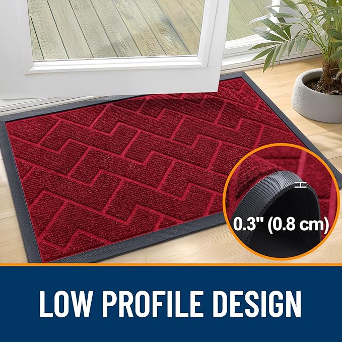 OLANLY Front Door Mat Indoor Outdoor Entrance, Waterproof All-Season, All-Weather Doormat, Sturdy Natural Rubber, Low Profile, Easy Clean Patio Porch Entryway Mat, Herringbone Brick (Wine Red, 47x23)