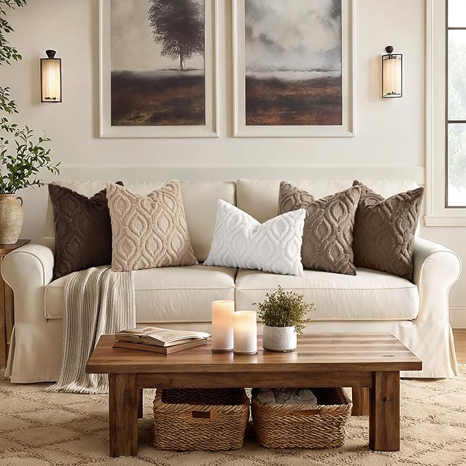 decorUhome Throw Pillow Covers 16x16 Inch Set of 2, Soft Plush Faux Wool Light Brown Solid Couch Pillow Covers, Accent Farmhouse Neutral Square Pillow Cases for Sofa Bed Living Room