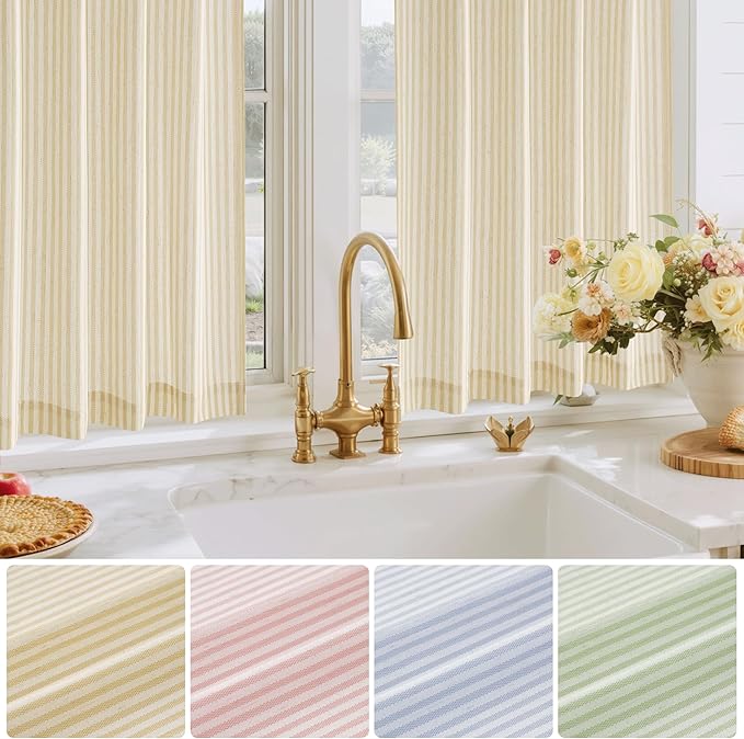 RYB HOME Kitchen Striped Curtains for Cafe Bathroom Small Window, Linen Pinstripe Drapes Valance 36 inch Length for Living Room Short Tier Boho Rustic Farmhouse, Yellow, W26 x L36, 2 Panels