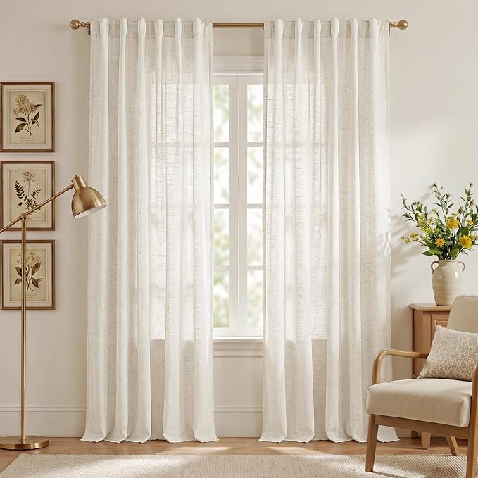 NICETOWN Semi Sheer Linen Curtains for Living Room, Grommet Light Filtering Airy & Elegant Window Treatments Privacy Drapes Natural Linen Blend for Bedroom, W52 x L95, 2 Panels
