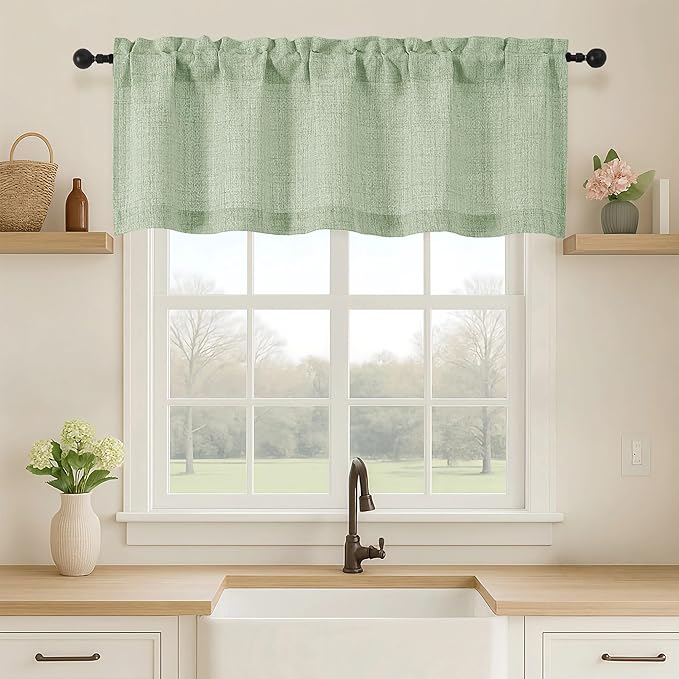 OVZME Valance for Windows, Light Filtering Faux Linen Textured Small Kitchen Valances for Windows, Dual Rod Pocket Farmhouse Short Curtain for Bathroom Basement, 52Wx18L inch, 1 Piece, Sage Green