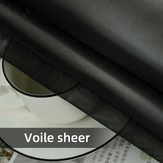 youleyar Solid Sheer Rod Pocket Curtain Voile Draperies 2 Panels White Beige Black Grey Coffee 70 Inch Width 108 Inch Long 1 Pair for Kitchen Bedroom Children Living Room Yard(Black,70Wｘ108L)