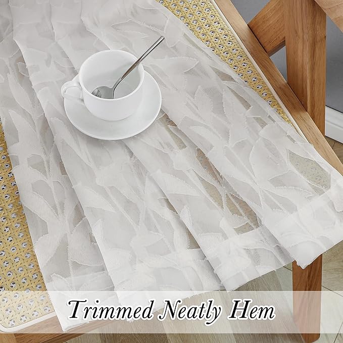 Lecloud Leia Sheer Ivory Window Curtains for Kitchen 14 Inch Length 2 PCS, Dual Rod Pockets Window Living Room Curtain Valance, Jacquard Clip Textured Leaf Short Bedroom Drapes, 40 W x 14 L