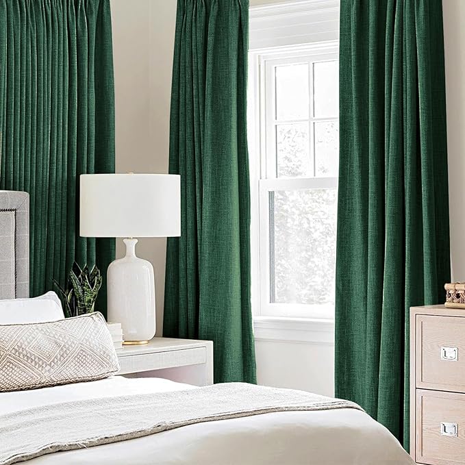 MIULEE 100% Blackout Linen Curtains for Bedroom Thermal Insulated Emerald Green Grommet Room Darkening Curtains & Drapes Christmas Decor for Living Room Nursery 52 x 84 Inch (2 Panels)