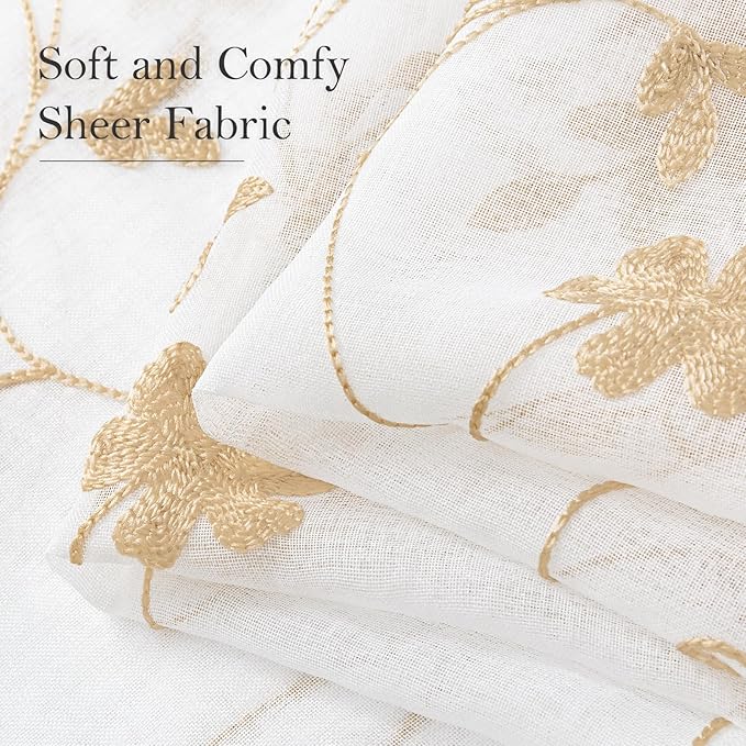 HOMEIDEAS Yellow Sheer Curtains 84 Inches Long 2 Panels Yellow and White Embroidered Floral Pattern Semi Sheer Window Curtains for Bedroom Living Room