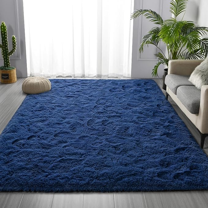 Deerhoo Shag Area Rug, 4 X 6 Plush Fuzzy Rugs for Living Room, Ultra Soft Fluffy Furry Rug for Bedroom, Indoor Carpet Nursery Rugs for Kids Room Home Decor, Navy Blue