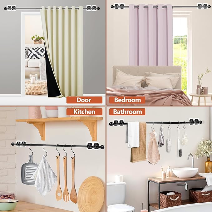 Curtain Rods No Drilling for Windows Set 30 to 45 Inch,5/8 Inch Diameter Drapey Pole with No Drill Curtain Rod Brackets,Renter Friendly Cortineros Para Ventanas with Adhesive Holder Hook (Black)