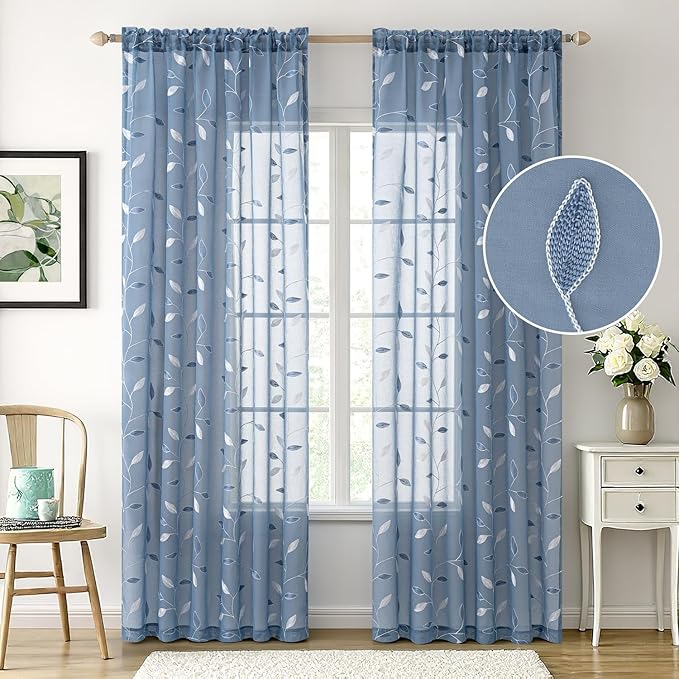 MIULEE Dusty Blue Sheer Curtains 2 Panels Embroidered Leaf Patterned Rod Pocket Floral Semi Sheer Faux Linen Window Curtains Drapes Set for Living Room Bedroom Dining Room, 52x96 Inches Long