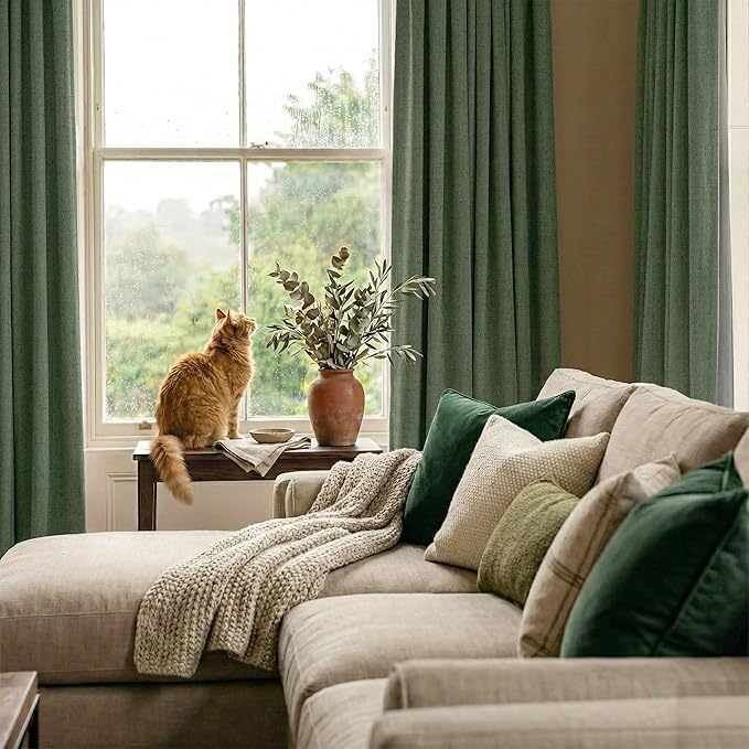 RYB HOME Olive Green 100% Blackout Linen Curtains 84 inches Long, Luxury Thermal Insulated Room Darkening Drapes for Living Room/Bedroom/Sliding Doors, Back Tab&Rod Pocket, W52xL84, 2 Panels