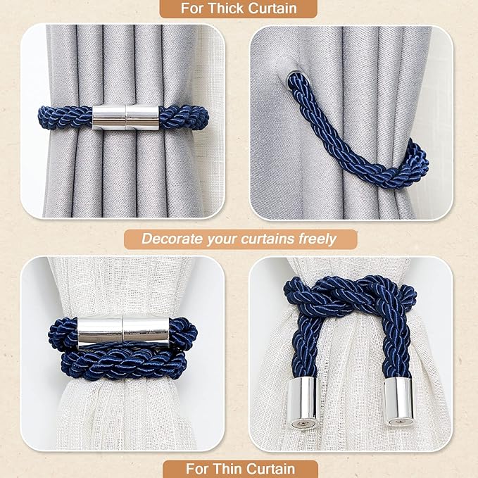 NICEEC 4 Pack Strong Magnetic Curtain Tiebacks Modern Simple Style Drape Tie Backs Convenient Decorative Weave Rope Curtain Holdbacks for Thin or Thick Home & Office Window Draperies (Royal Blue)