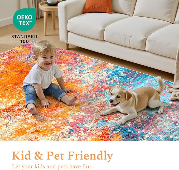 Rugflix 9x12 Area Rugs for Living Room, Washable Large Multicolor Rug Stain-Resistant Low Pile, Modern Carpet for Dining Room Home Office Kid Room Nursery Bedroom, Colorful Rainbow