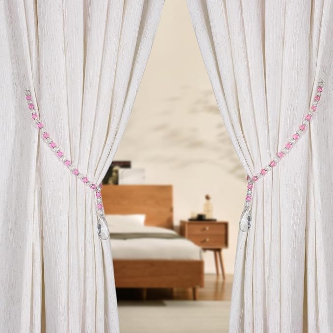 SUQ I OME 1 Pair of Luxury Crystal Beaded Magnetic Curtain Tieback and Holdback Curtain Clips Curtain Buckle Curtain Holder Blingbling Curtain Holdbacks for Drapes,Bright Pink