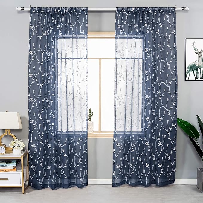 AmHoo 2 Panels Embroidered Leaf Pattern Semi Sheer Curtains Foliage Floral Voile Window Draperies Treatment for Bedroom Living Room Rod Pocket Navy Blue 53 x 84 Inch
