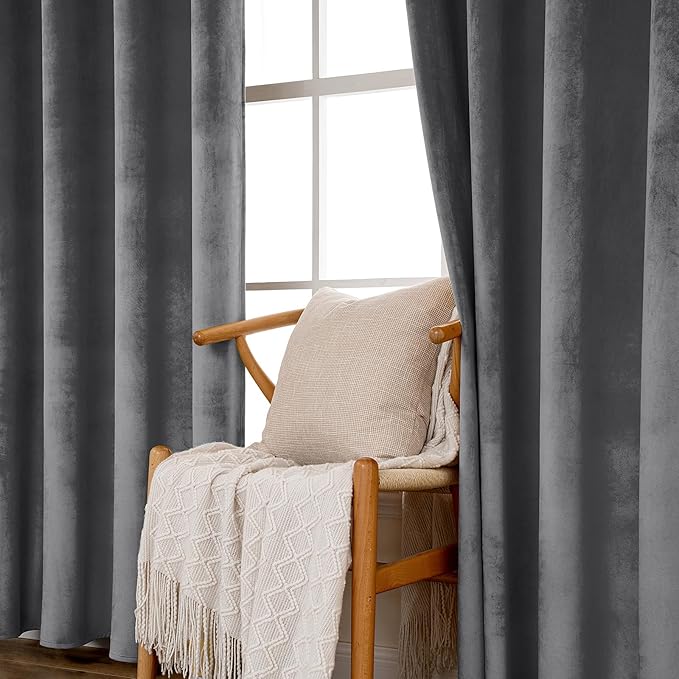 MIULEE 2 Panels Blackout Velvet Curtain Solid Soft Grommet Grey Room Darkening Curtains Thermal Insulated Soundproof Black Out Curtains/Panels for Living Room Bedroom 52 x 108 Inch