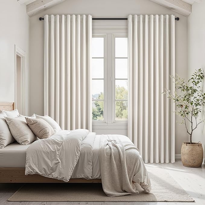 Topfinel 95 Inches Long Linen 100% Blackout Curtains 2 Panels Set Birch Ivory Custom Drapes for Sliding Glass Doors Saving Warm Blocking Modern Living Room Long Bedroom Curtains (W52 x L95)