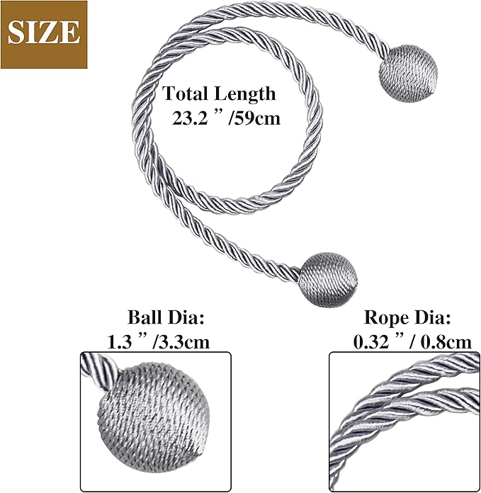Curtain Tiebacks Outdoor Elegant Decorative Tie Backs Modern Rope Tiebacks for Drapes Window Curtain Holdbacks for Draperies (Grey, 4)