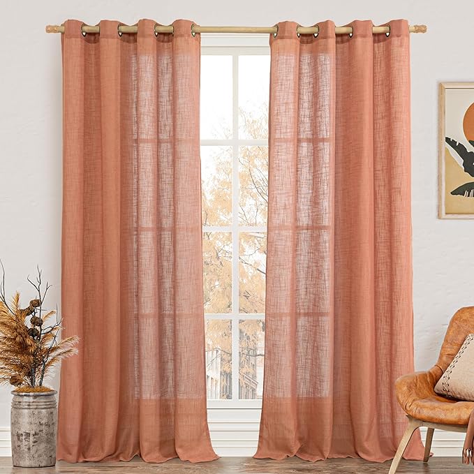 LAMIT Terracotta Linen Curtains 84 Inch Length 2 Panels for Living Room, Light Filtering Boho Window Treatments Semi Sheer Bronze Grommet Rusitc Drapes for Bedroom/Farmhouse, 52 X 84 Inch