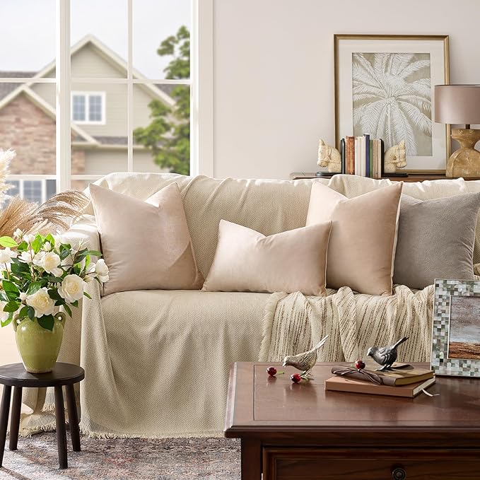 GIGIZAZA Beige Velvet Pillow Covers: Pack of 2 Super Soft Throw Pillows Solid Vintage Covers - 18x18 Decorative Elegant Champagne Couch Small Square Cushion Covers Used for Living Room,Bedroom
