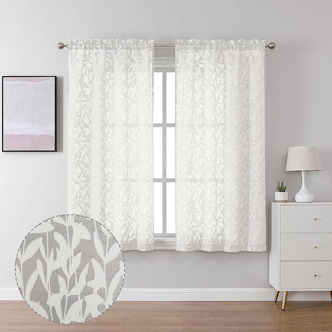 Lecloud Leia 2 Panels Sheer Ivory Curtain 54 Inch Length, Light Reducing Jacquard Textured Leaf Voile Bedroom Curtain, Gauzy Clip Short Drapes with Dual Rod Pocket, 40 W x 54 L