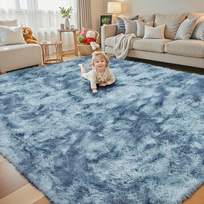 Super Soft Shaggy Area Rugs for Bedroom 4x6 Feet, Shaggy Plush Living Room Shag Furry Floor Rugs, Non-Shedding Indoor Rugs for Living Room Decor(4 x 6, Dark Blue Tie-Dyed)
