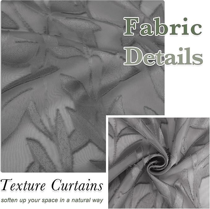 Lecloud Leia Living Room Charcoal Grey Sheer Curtains 45 Inches Length 2 Panels, Double Rod Pocket Window Voile Gray Curtain for Bedroom, Jacquard Textured Leaf Short Kitchen Drapes, 38W x 45L
