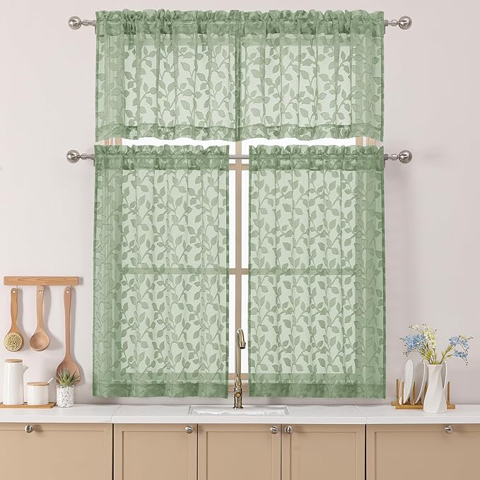 Chyhomenyc Sage Green Sheer Valances for Windows 18 Inch Length 2 Pcs, Light Filtering Leaf Textured Cafe Short Kitchen Curtains, Top Small Curtain for Living Room Bedroom Basement, 42" W x 18" L