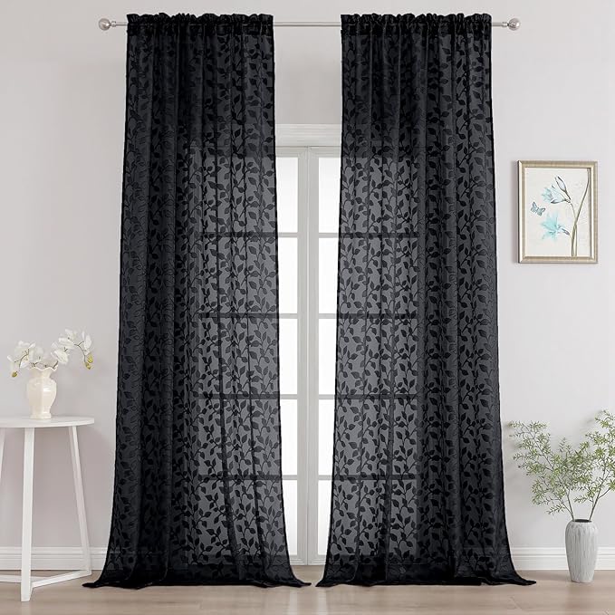 Chyhomenyc Extra Long Black Sheer Curtains 120 Inch Length 2 Panels Set, Light Filtering Tufted Textured Soft Airy Rod Pocket Gentle Leaf Window Treatment Drapes for Living Room, 52" Wx120 L, 2PCS