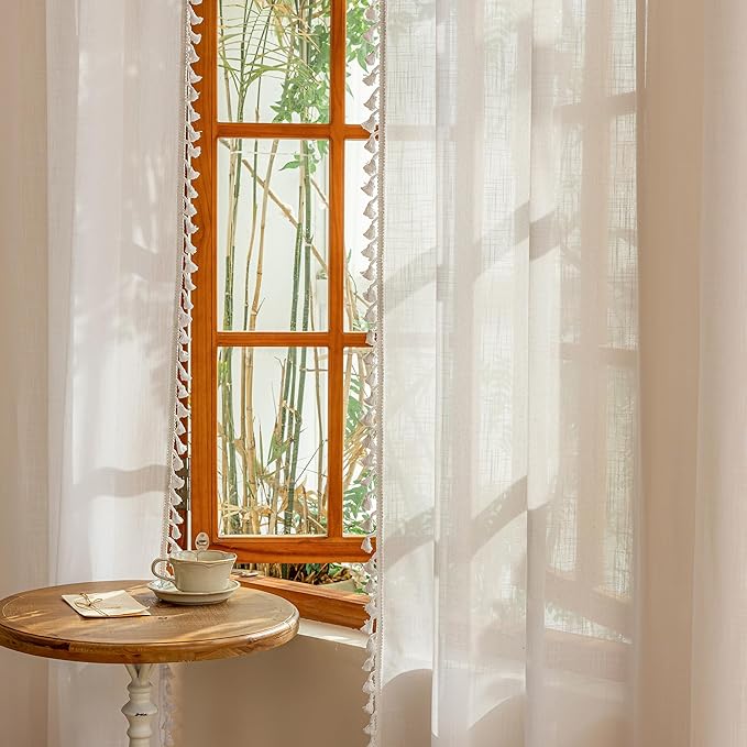 MYSKY HOME 84 inches Length White Curtains with Macrame for Living Room, Semi Sheer Farmhouse Style Light Filtering Back Tab Curtains for Sliding Glass Door, 50" Wide, Pure White，2 Panels