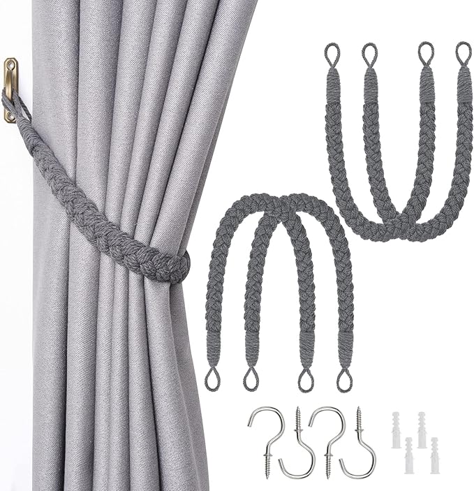 NICEEC 4 Pack Natural Cotton Rope Curtain Tiebacks Elegant Boho Style Decorative Drape Tie Backs Soft Hand-Woven Rope Curtain Holdbacks with Metal Hook for Home & Office Drapery (Dark Grey)