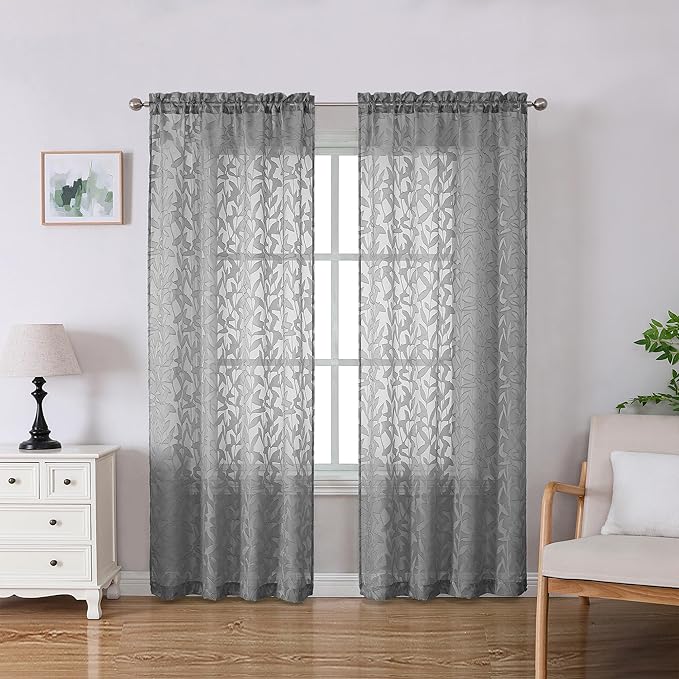 Lecloud Leia 2 Panels Charcoal Grey Sheer Curtains for Bedroom 72 Inches Length, Durable Jacquard Textured Voile Living Room Gray Curtain & Panel, Dual Rod Pockets Clip Leaf Gauzy Drapes, 38x72 Inch