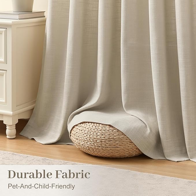 Pinch Pleated Linen Curtains 84 Inch Length 2 Panels Set, Light Filtering Linen Blend Sheer Drapes Memory Trained Pleated Curtain with Hooks Rings Back Tab for Bedroomm Farmhouse, Burlywood Birch