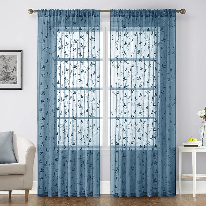 HOMEIDEAS Cyan Blue Sheer Curtains 52 X 96 Inches Length 2 Panels Embroidered Vine Floral Pattern Pocket Faux Linen Semi Sheer Voile Window Drapes for Bedroom Living Room