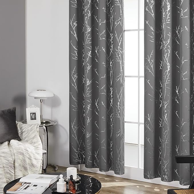 Deconovo Short Kitchen Curtains, 42 x 54 Inch Length 2 Panels Set, Thermal Insulated Soundproof Drapes with Silver Branch Pattern, Grommet Top, Machine Washable Panel for Small Window Living Room