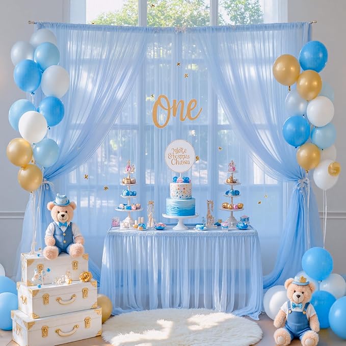 20ft x 12ft Baby Blue Tulle Backdrop Curtain for Baby Shower Party Sheer Fabric Backdrop Curtains for Boy Birthday Gender Reveal Back Drop Wedding Photo Backdrop Drapes Background 4 Panels 5ft x 12ft
