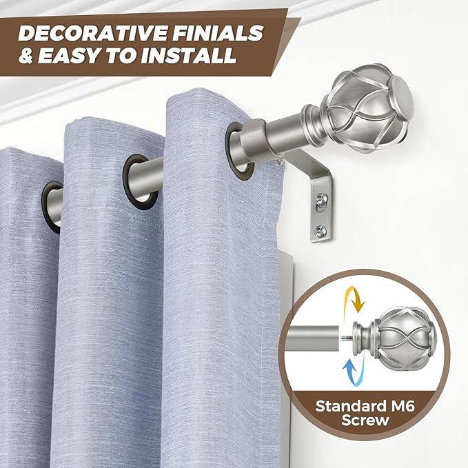 KAMANINA 1 Inch Curtain Rod Telescoping Single Drapery Rod 36 to 72 Inches (3-6 Feet), Antique Silver Curtain Rods for Windows 24 to 68 Inches, Netted Texture Finials