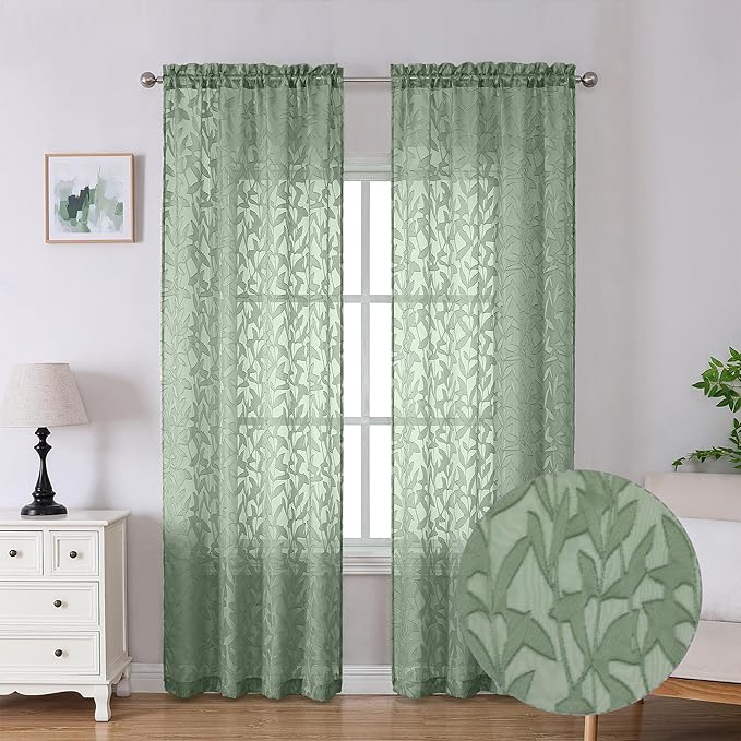 Lecloud Leia Sage Green Sheer Curtains 90 Inch Length 2 Pieces, Breathable Jacquard Texture Windows Curtains for Bedroom Living Room, Farmhouse Leaves Voile Drapes with Dual Rod Pocket, 38 W x 90 L