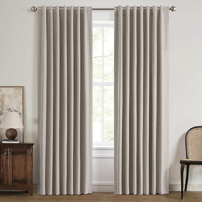 MIULEE 100% Blackout Linen Curtains for Bedroom, Greige Solid Luxury Decor Thermal Insulation Room Darkening Drapes for Living Room Nursery Back Tab Rod Pocket 42 x 63 Inches, 2 Panels