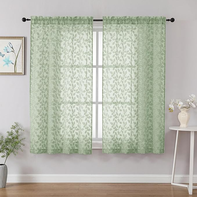 Chyhomenyc Sage Green Sheer Curtains 54 Inch Length for Living Room 2 Panels Set, Light Filtering Tufted Textured Soft Airy Rod Pocket Leaf Window Treatment Drapes for Bedroom, 42" Wx54 L, 2PCS