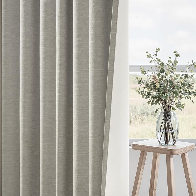 Flax Grey Blackout Curtains 95 Inch Length 2 Panels for Dining Room Darkening Curtain for Bedroom Linen Textured 100% Black Out Sunblock Light Blocking Long Drapes for Living Room Patio Door Back Tab