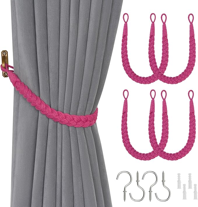 NICEEC 4 Pack Natural Cotton Rope Curtain Tiebacks Elegant Boho Style Decorative Drape Tie Backs Soft Hand-Woven Rope Curtain Holdbacks with Metal Hook for Home & Office Drapery (Rose Red)